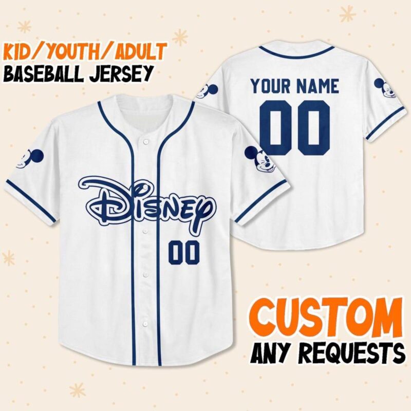 Custom White Disney Mickey Baseball Jersey for Kids &amp Adults
