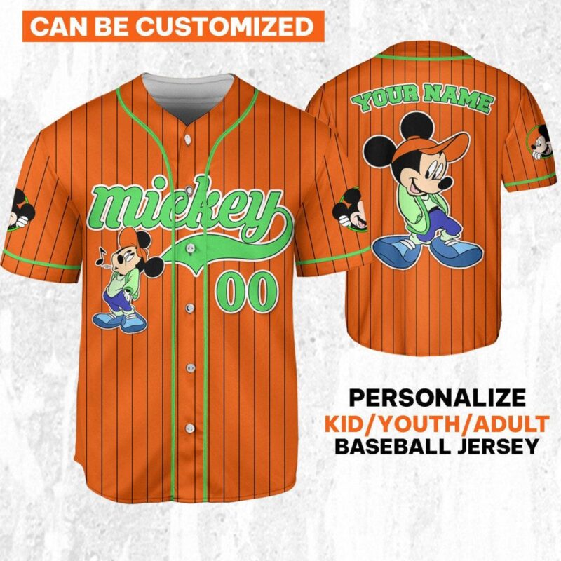 Personalize Disney Mickey Mouse Young Orange Green Light Baseball Jersey