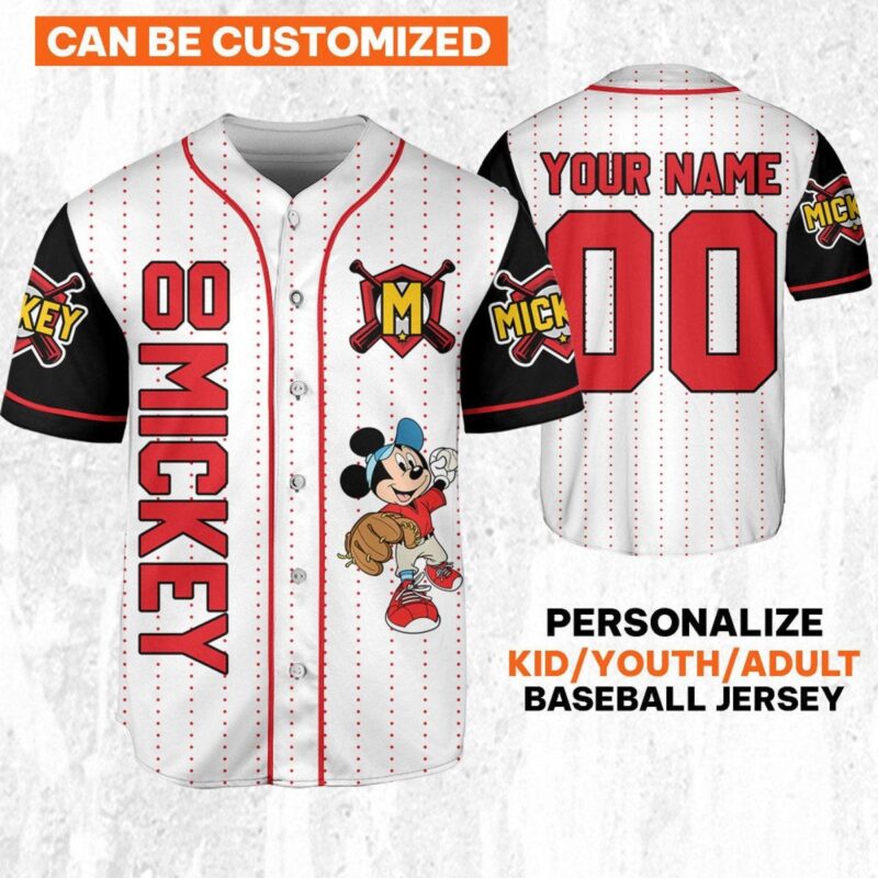 Personalize Disney Mickey Play Baseball Red White Baseball Jersey