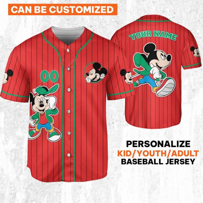 Personalize Disney Mickey Young Mouse Smile Red Green Baseball Jersey