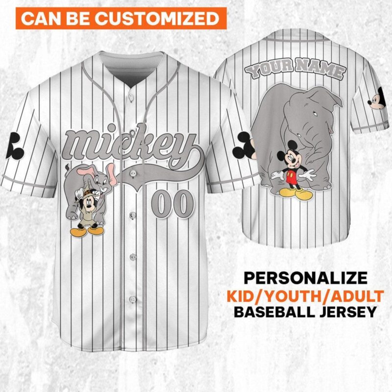Personalize Mickey Mouse Play With Elephant White Gray Baseball Jersey