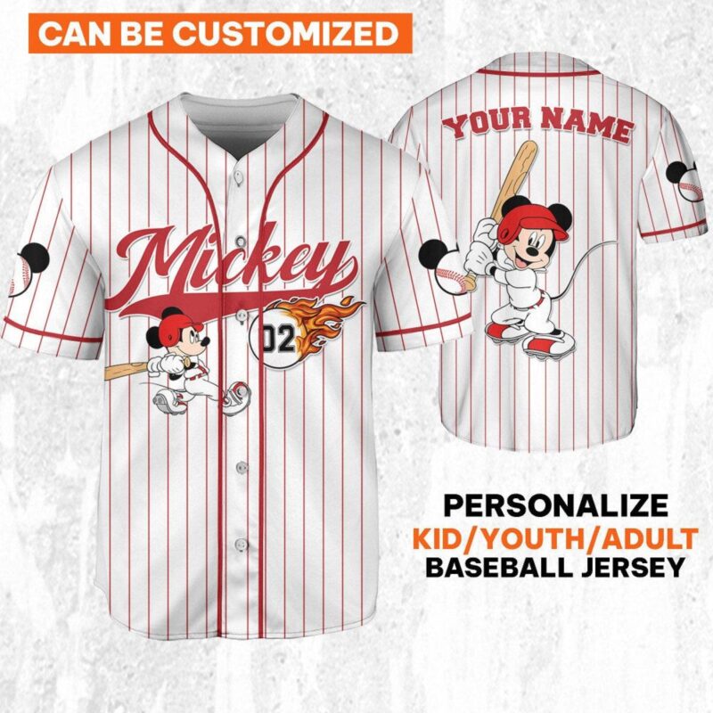 Personalize Mickey Baseball Fire Red White Baseball Jersey
