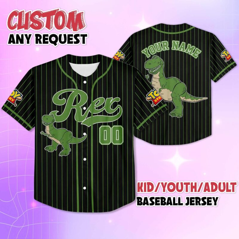 Personalized Rex Black White Baseball Jersey, Disney Toy Story Rex Baseball Shirt