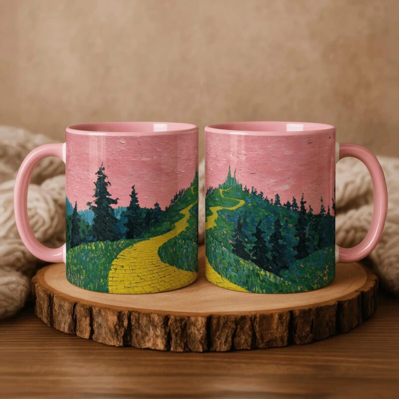 Yellow Brick Road Landscape Ceramic Coffee Cup with 'Wicked' Inspired Artwork | Gift for Elphaba & Glinda Fans